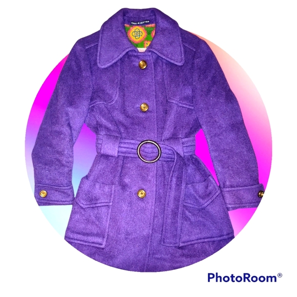 💜1960's-1970's Vintage Purple Wool Belted Coat - Picture 3 of 15